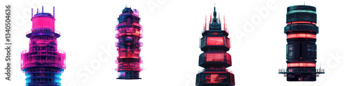 Striking futuristic inspired architectural towers featuring bold colorful lighting and an immersive avant garde aesthetic photo