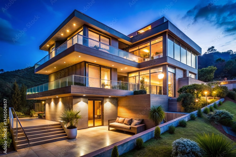 Fototapeta premium Modern Hillside Home Night Illumination: Candid Architectural Photography