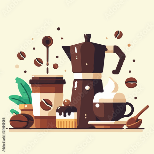 coffee, drink, cup, beverage, hot, morning, caffeine, espresso, cafe, background, black, breakfast, fresh, design, cappuccino, brown, mug, vector, white, mocha, isolated, aroma, set, latte, food, illu