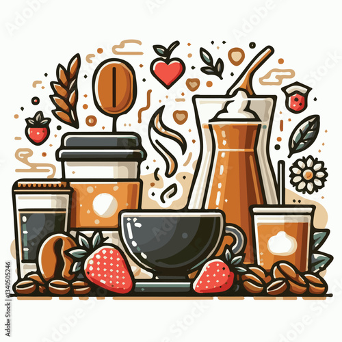 coffee, drink, cup, beverage, hot, morning, caffeine, espresso, cafe, background, black, breakfast, fresh, design, cappuccino, brown, mug, vector, white, mocha, isolated, aroma, set, latte, food, illu