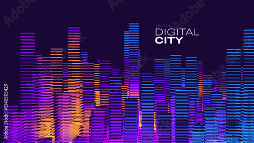 Smart Digital City Concept. Urban Architecture High Towers Concept of the Future City. Virtual Reality Abstract Digital Skyscraper Buildings. Modern Technology Vector Illustration.