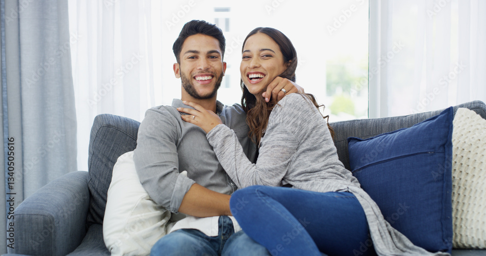 Relax, laughing and portrait of couple on sofa of home for bonding, support and cuddle. Happiness, commitment and trust with man and woman in living room for hug, smile and relationship romance Relax, laughing and portrait of couple on sofa of home for bonding, support and cuddle. Happiness, commitment and trust with man and woman in living room for hug, smile and relationship romance