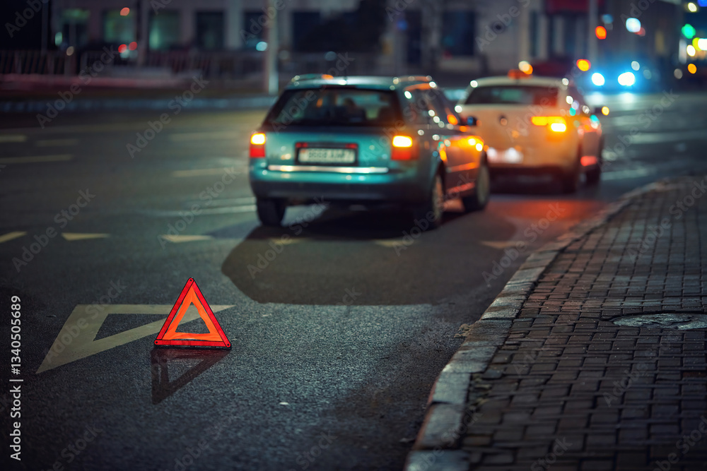 Nighttime road accident with warning triangle, rear end collision, alerting drivers to the dangers of traffic incidents and the importance of vehicle distance. Emergency warning sign on dark road