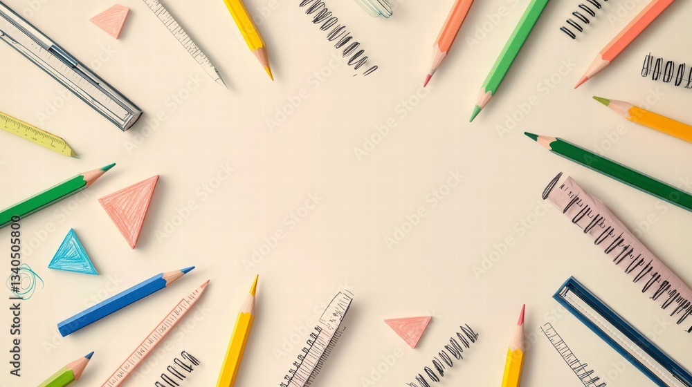 Creative Tools' Arrangement: A vibrant arrangement of pencils, erasers, rulers, and spiral notebooks. Creative Tools' Arrangement: A vibrant arrangement of pencils, erasers, rulers, and spiral notebooks.