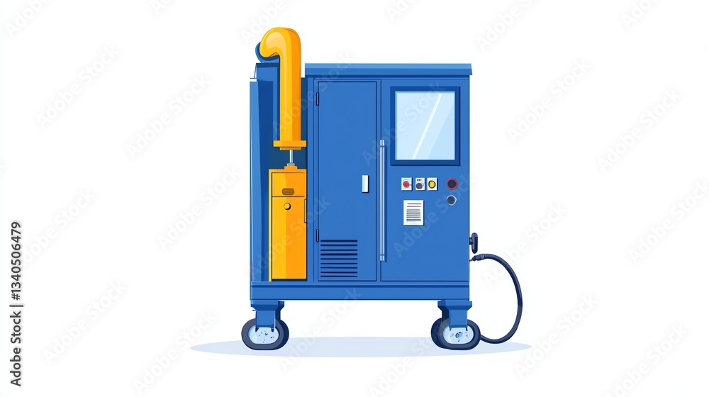 Fototapeta premium Industrial machine with yellow pipe and control panel, on wheels against a white background.