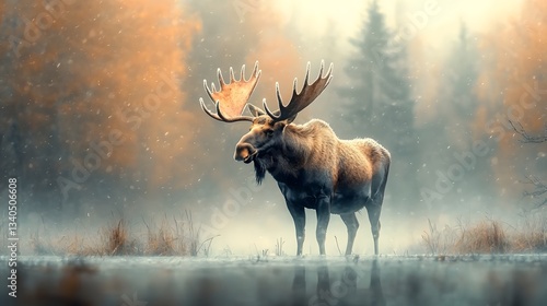 Fototapeta Naklejka Na Ścianę i Meble -  A mighty moose standing tall and proud at the edge of a frozen lake its enormous antlers covered in a delicate layer of frost creating a captivating and scene in the serene and peaceful wilderness