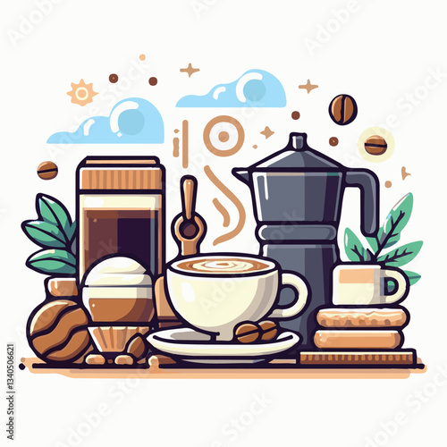 coffee, drink, cup, beverage, hot, morning, caffeine, espresso, cafe, background, black, breakfast, fresh, design, cappuccino, brown, mug, vector, white, mocha, isolated, aroma, set, latte, food, illu