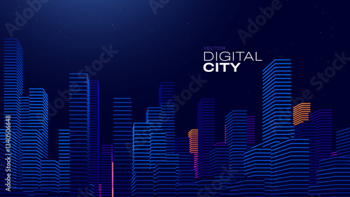 Smart Digital City Concept. Urban Architecture High Towers Concept of the Future City. Virtual Reality Abstract Digital Skyscraper Buildings. Modern Technology Vector Illustration.