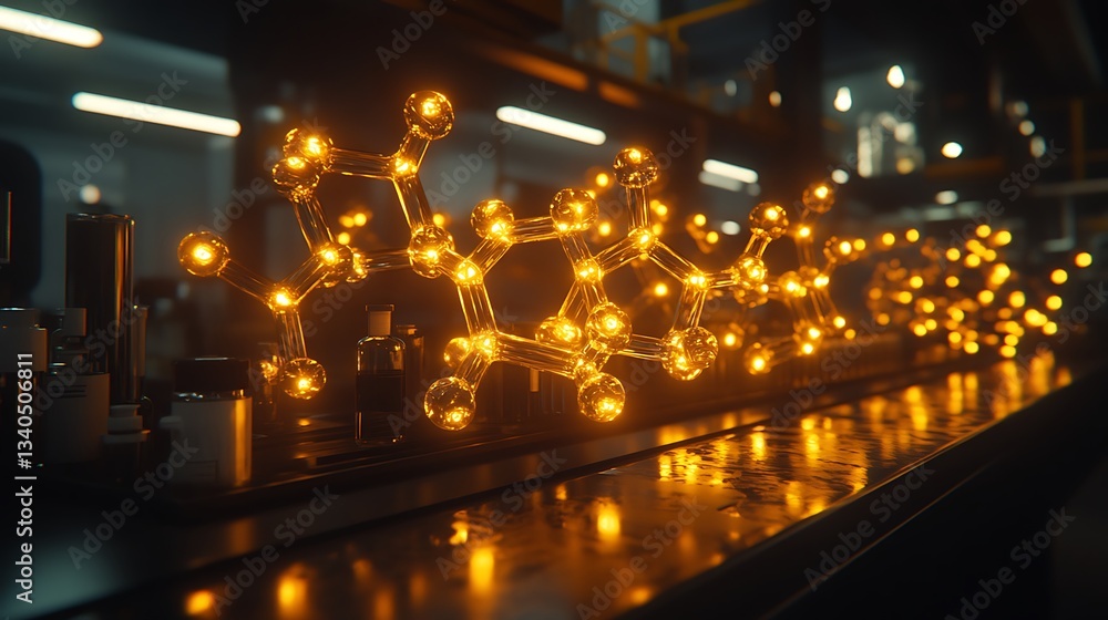 Illuminated molecule model on industrial conveyor, scientific research Illuminated molecule model on industrial conveyor, scientific research