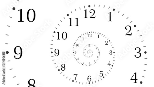 Clock Spiral Dial. Clock in Space. Time Travel Infinity Universe Concept Metaphor. Infinite Time is Flying Fast Future Concept. Timeless. Vector Illustration.