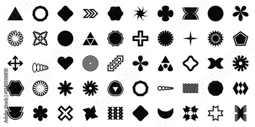 Brutalist abstract geometric shapes and grids. Brutal contemporary figure star oval spiral flower and other primitive elements. Swiss design aesthetic. Bauhaus memphis design. Vector illustration.
