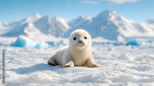 Harp Seal Pup Resting on Thick Ice Its Pure White Fur Gleaming in the Arctic Sunlight  Peaceful and Tranquil Winter Wildlife Photography with Copy Space