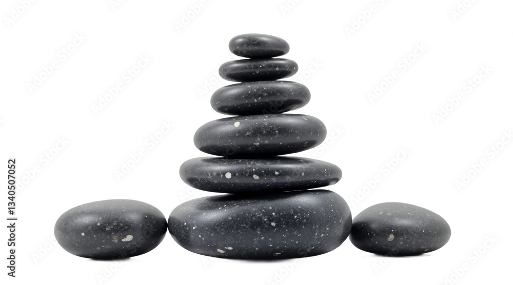 Zen stones pyramid isolated on transparent background. Charcoal gray pebbles stacked for balance, meditation, wellness, spa, calming mood. Minimal, photorealistic design element. Zen stones pyramid isolated on transparent background. Charcoal gray pebbles stacked for balance, meditation, wellness, spa, calming mood. Minimal, photorealistic design element.