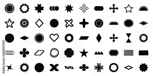 A trendy vector set of geometric silhouettes, showcasing black brutalist shapes, stars, lines, and circles in a minimalist Memphis style.