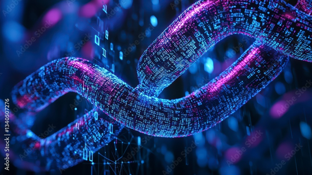 Digital Chain: A detailed, illuminated rendering of a digital chain, symbolizing the interconnectedness and security inherent in blockchain technology, is shown in high detail and brilliant colors.