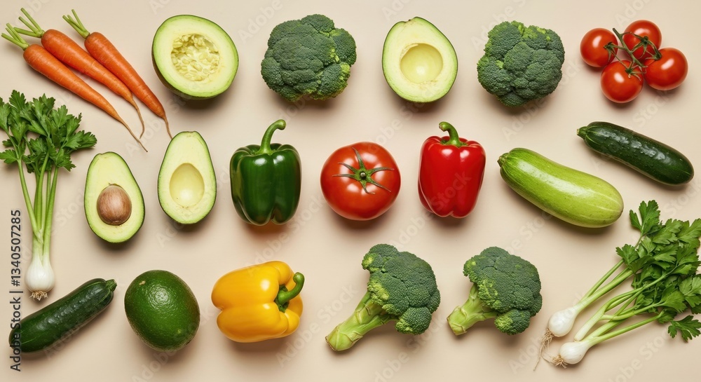Fresh Vegetables and Fruits: Vibrant Avocados, Tomatoes, Broccoli, Peppers, and More on Display. Fresh Vegetables and Fruits: Vibrant Avocados, Tomatoes, Broccoli, Peppers, and More on Display.