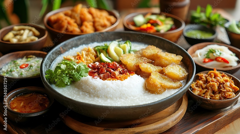 Bubur ayam sukabumi contains rice porridge with side dishes of fried chicken slices Bubur ayam sukabumi contains rice porridge with side dishes of fried chicken slices