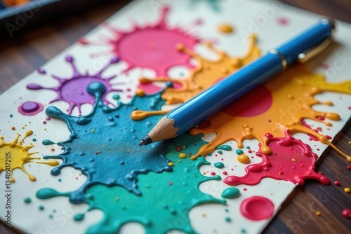 Vibrant paint splatter artistry with a sleek writing instrument resting on a textured surface