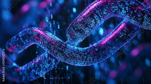 Obraz na płótnie Digital Chain: A detailed, illuminated rendering of a digital chain, symbolizing the interconnectedness and security inherent in blockchain technology, is shown in high detail and brilliant colors. w salonie