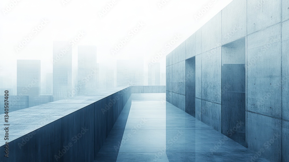 Minimalist concrete structure overlooks foggy cityscape in a modern design Minimalist concrete structure overlooks foggy cityscape in a modern design