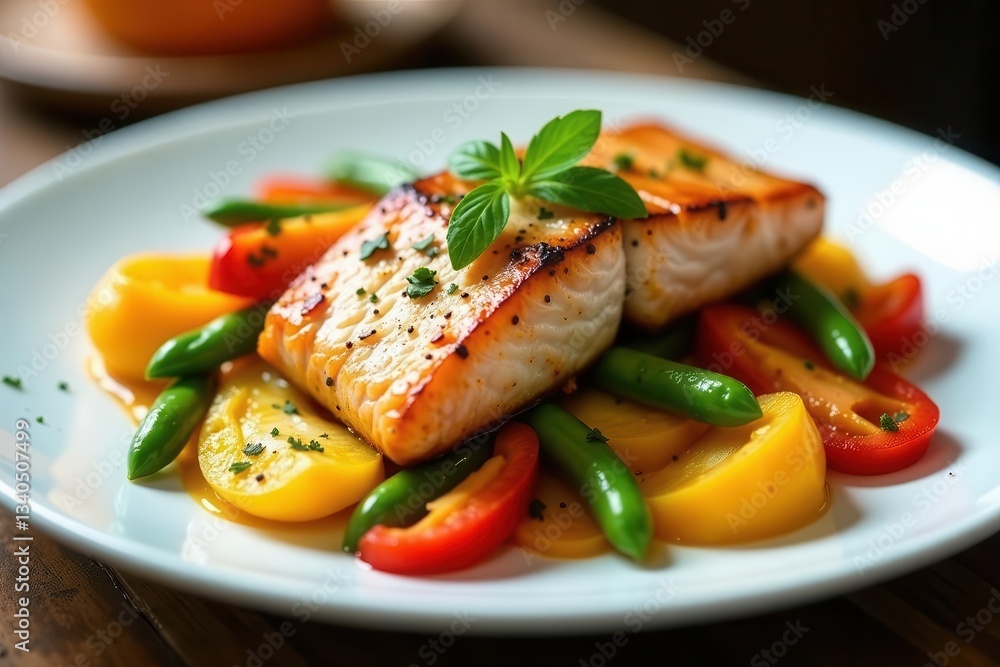 Pan-Seared Salmon Fillet with Saut?ed Vegetables and Herb Garnish on a White Plate Pan-Seared Salmon Fillet with Saut?ed Vegetables and Herb Garnish on a White Plate