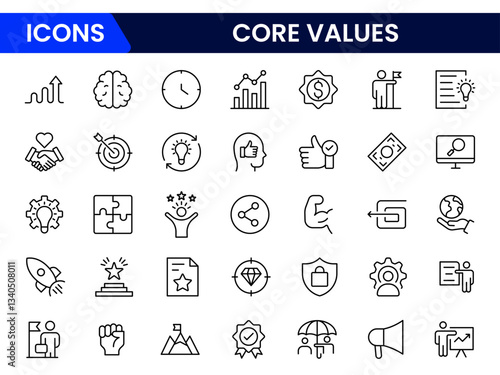 Core Values Line Icons Stock Illustration" refers to a colle Stock Illustration" refers to a collection of minimalist, line-drawn icons representing essential organizational or personal principles.