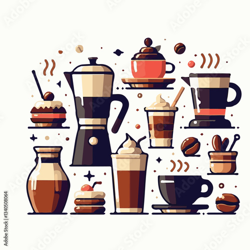 coffee, drink, cup, beverage, hot, morning, caffeine, espresso, cafe, background, black, breakfast, fresh, design, cappuccino, brown, mug, vector, white, mocha, isolated, aroma, set, latte, food, illu