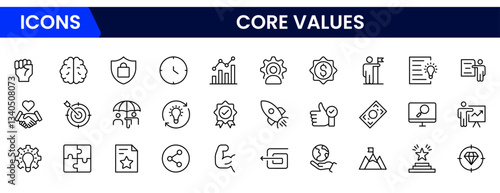 Core Values Line Icons Stock Illustration" refers to a colle Stock Illustration" refers to a collection of minimalist, line-drawn icons representing essential organizational or personal principles.