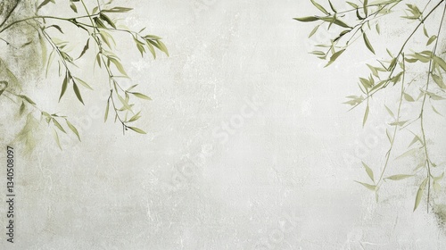 Zen Serenity: Delicate bamboo leaves gracefully frame a textured backdrop, creating a minimalist and peaceful visual. evoking feelings of calmness and tranquility.
