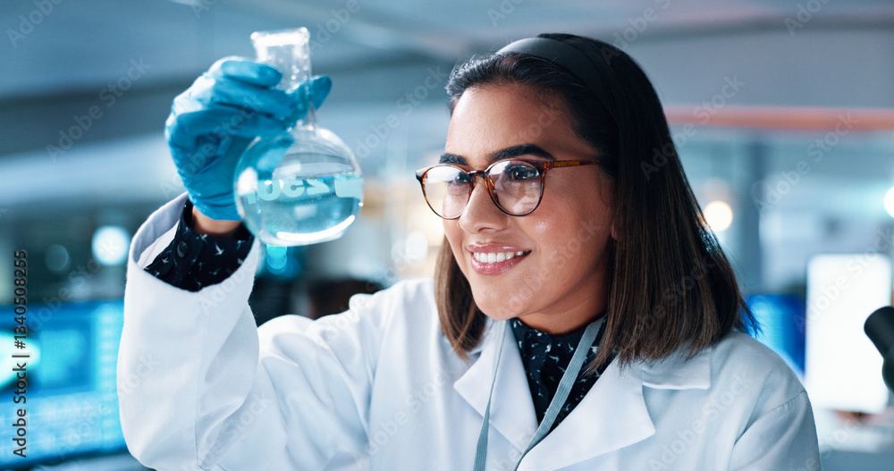 Chemical, experiment and scientist with beaker in laboratory for pharmaceutical research or innovation. Liquid, glass and female medicinal chemist with formula, reaction observation and cure analysis Chemical, experiment and scientist with beaker in laboratory for pharmaceutical research or innovation. Liquid, glass and female medicinal chemist with formula, reaction observation and cure analysis
