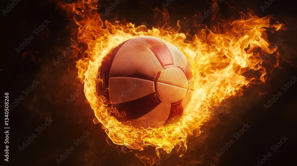 Naklejka premium Fiery volleyball in motion isolated on black background representing intense energy, power, and competitive sports spirit