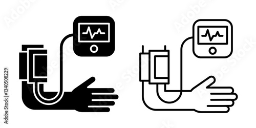 Blood pressure black line icon set on white background. Blood pressure logo, label, badge, symbol, banner, circle, black, thin, vector, isolated illustration.