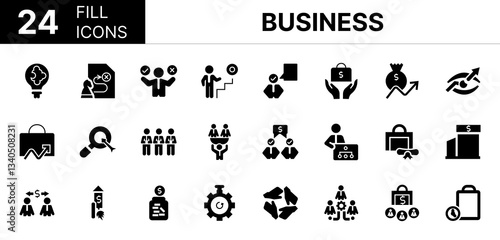 Collection of 24 Business fill icons featuring editable strokes. These outline icons depict various modes of Business, Solution, Strategy, Decision, Promotion, 