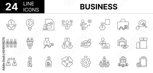 Collection of 24 Business line icons featuring editable strokes. These outline icons depict various modes of Business, Solution, Strategy, Decision, Promotion, 