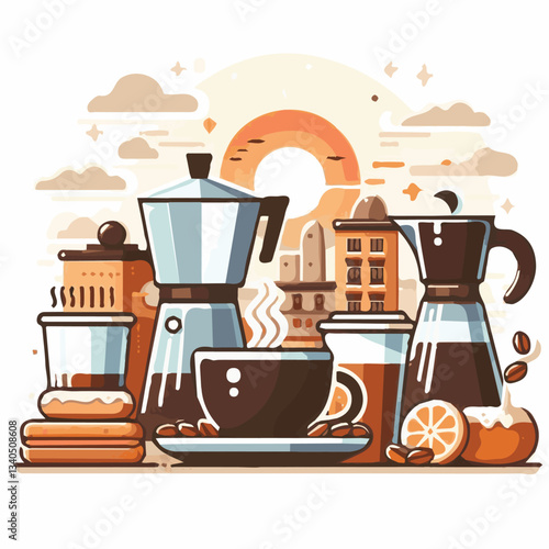 coffee, drink, cup, beverage, hot, morning, caffeine, espresso, cafe, background, black, breakfast, fresh, design, cappuccino, brown, mug, vector, white, mocha, isolated, aroma, set, latte, food, illu