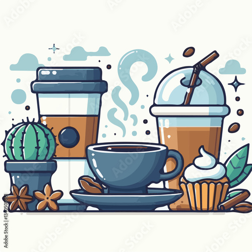 coffee, drink, cup, beverage, hot, morning, caffeine, espresso, cafe, background, black, breakfast, fresh, design, cappuccino, brown, mug, vector, white, mocha, isolated, aroma, set, latte, food, illu