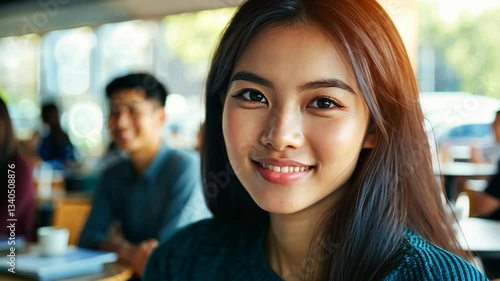 Wallpaper Mural Young woman smiling while enjoying time at a cozy cafe with friends in the afternoon Torontodigital.ca