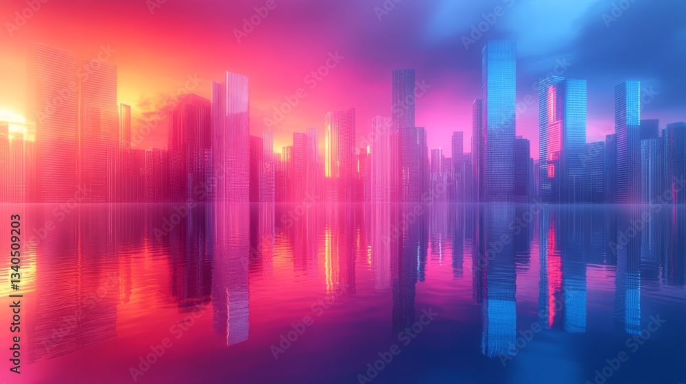Futuristic cityscape reflecting in water exhibits vivid pink and blue hues Futuristic cityscape reflecting in water exhibits vivid pink and blue hues