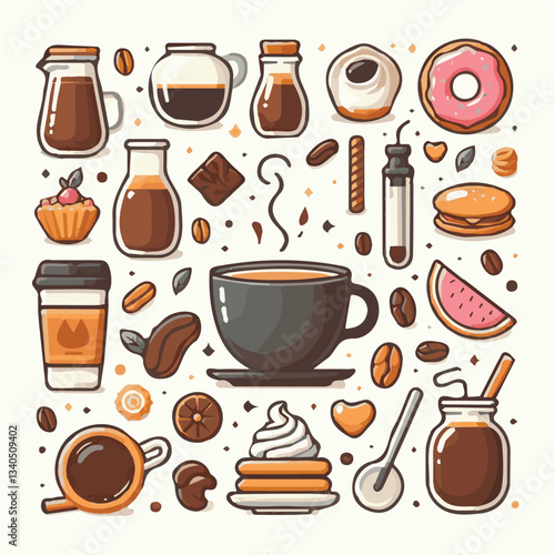 coffee, drink, cup, beverage, hot, morning, caffeine, espresso, cafe, background, black, breakfast, fresh, design, cappuccino, brown, mug, vector, white, mocha, isolated, aroma, set, latte, food, illu