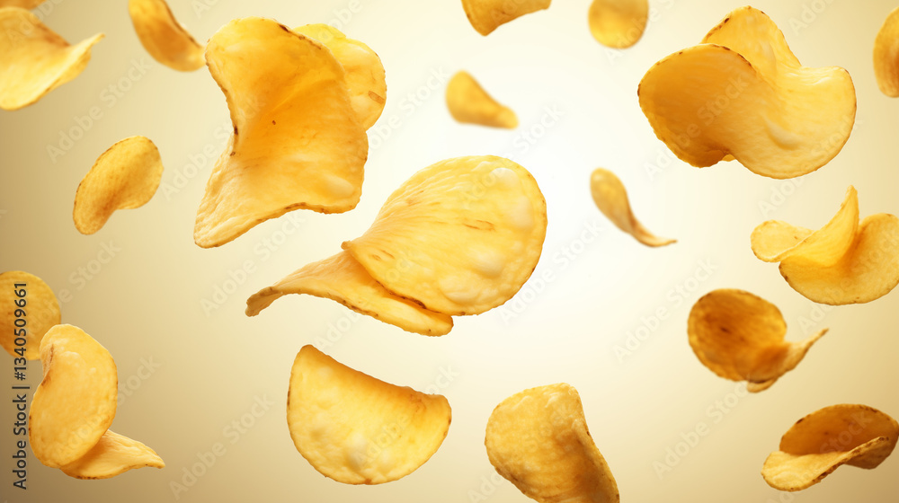 Naklejka premium falling crispy potato chips on a beige background, without people, snack