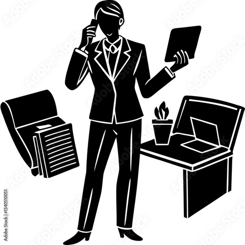 Silhouette of an office worker standing or sitting while talking on the phone, appearing busy and engaged