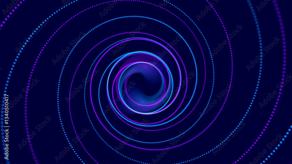 Fototapeta premium Flying Through Abstract Vortex Spiral Tunnel with Circular Particles Trails. Science Research or Tech Innovation Online Webinar Presentation Event. Conference or Forum Vector Backdrop.