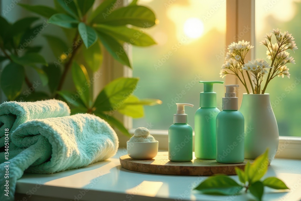 Serene Bathroom Setting with Natural Cosmetic Products and Fresh Flowers at Sunrise Serene Bathroom Setting with Natural Cosmetic Products and Fresh Flowers at Sunrise