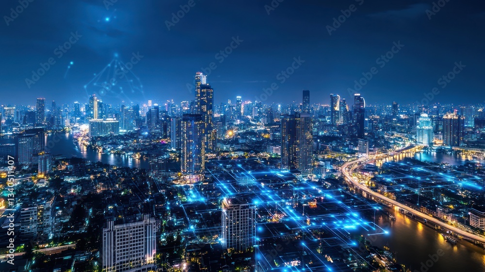 Fototapeta premium Night cityscape aerial view, futuristic glow, technology concept, city lights