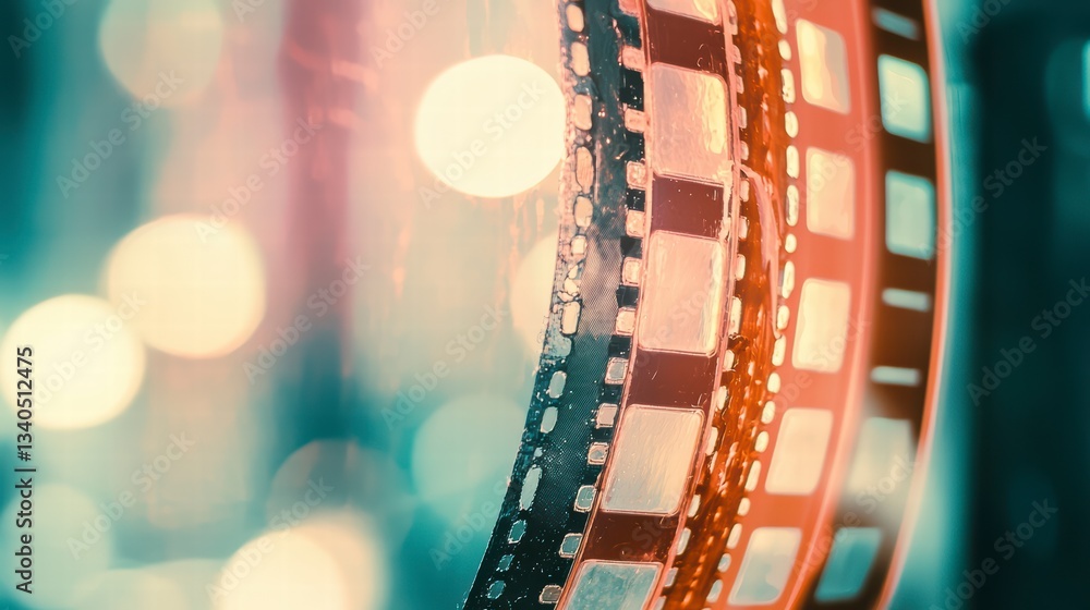 Film Reel Nostalgia: Close-up shot of vintage film reels, showcasing the texture and detail of the celluloid, with a bokeh background suggesting a cinematic atmosphere.