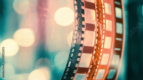 Obraz na płótnie Film Reel Nostalgia: Close-up shot of vintage film reels, showcasing the texture and detail of the celluloid, with a bokeh background suggesting a cinematic atmosphere. w salonie