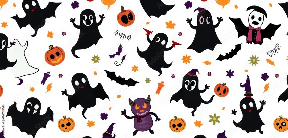 A whimsical Halloween scarf pattern featuring cartoon ghosts, devils, and spooky elements on a white background, white, whimsical A whimsical Halloween scarf pattern featuring cartoon ghosts, devils, and spooky elements on a white background, white, whimsical