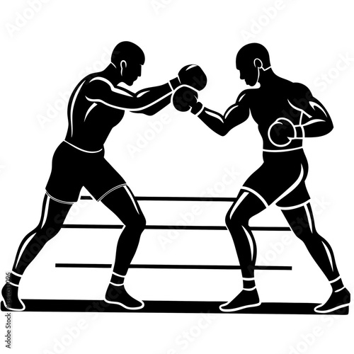 Silhouette of two boxers actively sparring in a boxing ring, symbolizing competition, strength, and agility