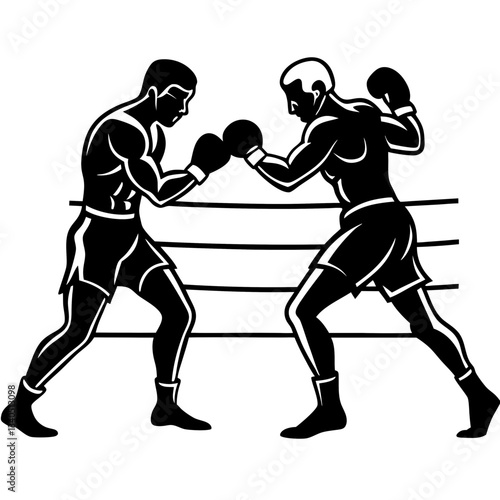 Silhouette of two boxers actively sparring in a boxing ring, symbolizing competition, strength, and agility