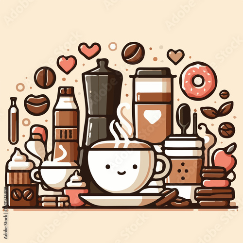 coffee, drink, cup, beverage, hot, morning, caffeine, espresso, cafe, background, black, breakfast, fresh, design, cappuccino, brown, mug, vector, white, mocha, isolated, aroma, set, latte, food, illu